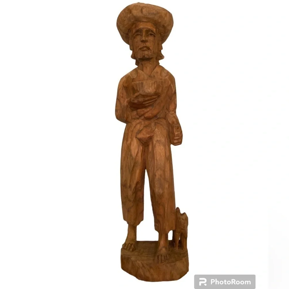 Vintage hand made wooden man with dog carving #17